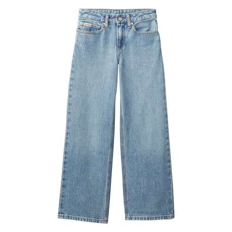 Jean en coton biologique bleu uni avec une coupe droite muni d'un bouton