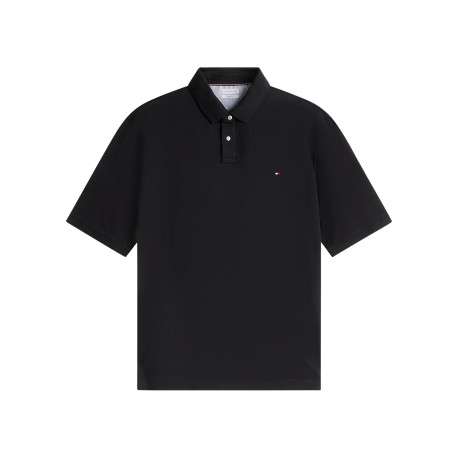 Polo en coton biologique noir à coupe droite pourvu d'un col boutonné