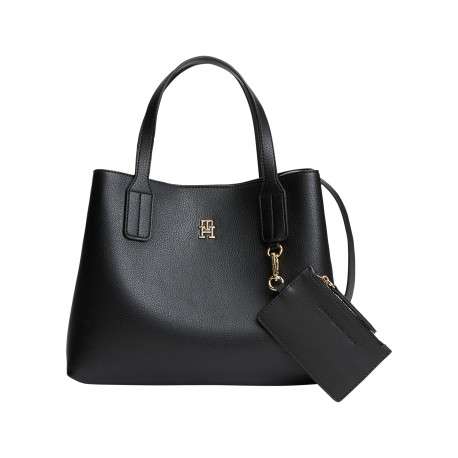 Sac à main noir pourvu de plusieurs compartiments et de détails dorés