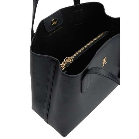 Sac à main noir pourvu de plusieurs compartiments et de détails dorés - Image 3