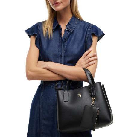Sac à main noir pourvu de plusieurs compartiments et de détails dorés - Image 5