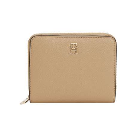 Portefeuille beige à rabat pourvu d'une fermeture zippée dorée