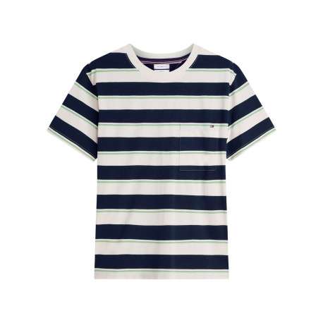 T-shirt en coton blanc et marine à rayures pourvu d'une coupe droite
