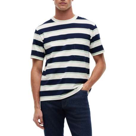 T-shirt en coton blanc et marine à rayures pourvu d'une coupe droite - Image 2