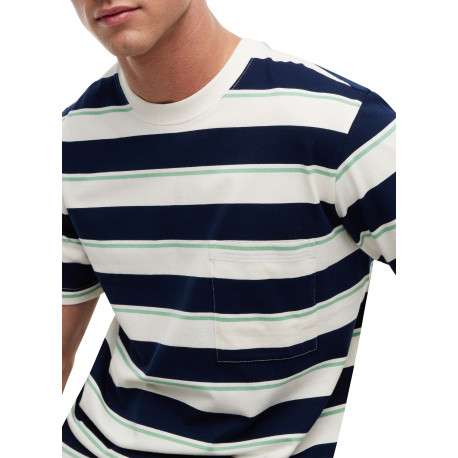 T-shirt en coton blanc et marine à rayures pourvu d'une coupe droite - Image 4