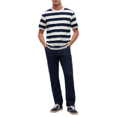 T-shirt en coton blanc et marine à rayures pourvu d'une coupe droite - Image 5