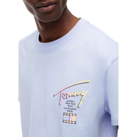 T-shirt en coton ciel à coupe droite pourvu d'un col rond côtelé - Image 4
