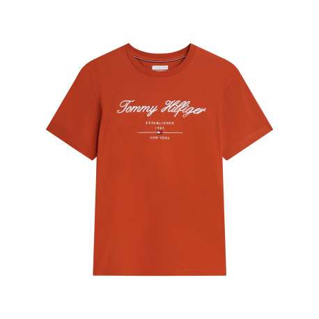 T-shirt en coton orange à coupe droite pourvu d'un col rond côtelé