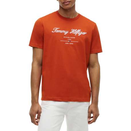 T-shirt en coton orange à coupe droite pourvu d'un col rond côtelé - Image 2
