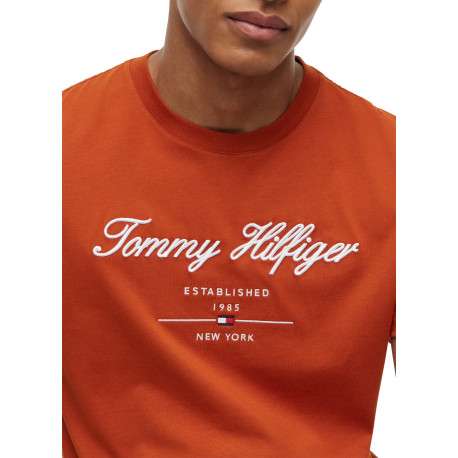 T-shirt en coton orange à coupe droite pourvu d'un col rond côtelé - Image 4