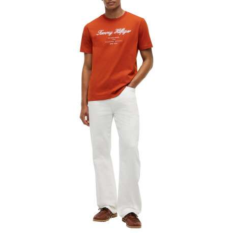 T-shirt en coton orange à coupe droite pourvu d'un col rond côtelé - Image 5