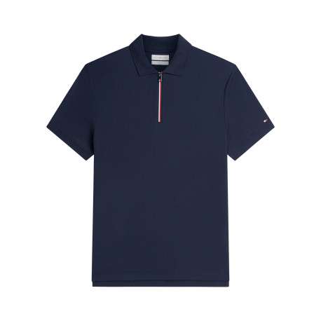 Polo en coton marine à coupe ajustée pourvu d'un col à revers zippé