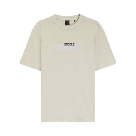 T-shirt en coton beige uni avec une coupe droite et un col rond