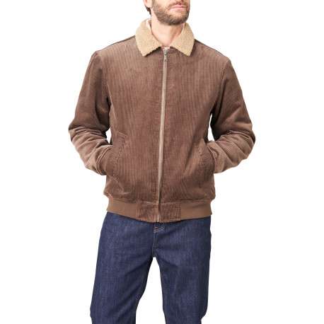 Blouson en coton brun uni avec une coupe droite et un col à revers