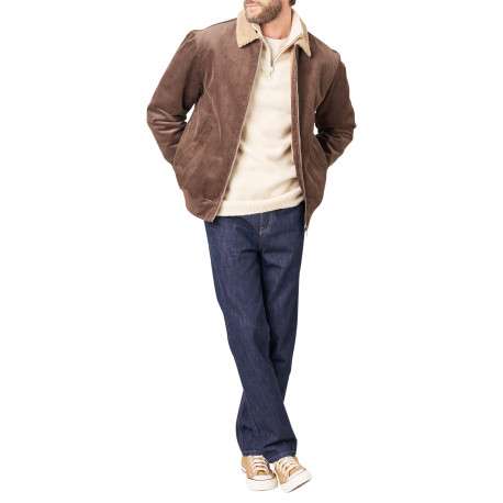 Blouson en coton brun uni avec une coupe droite et un col à revers - Image 3