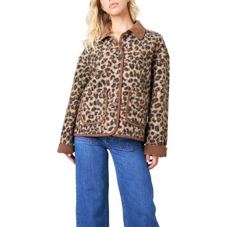 Blouson léopard animalier avec une coupe droite et un col à revers