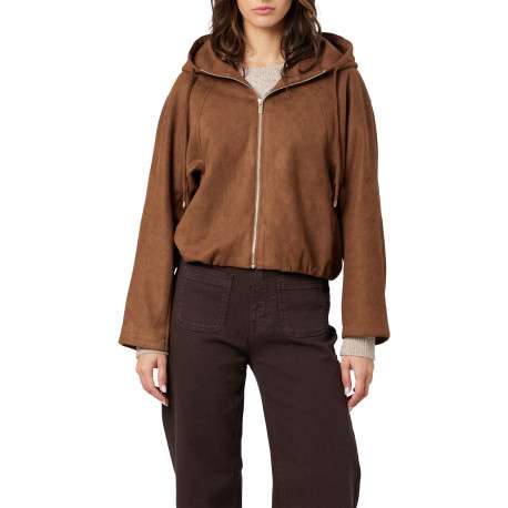 Blouson brun uni avec une coupe droite et un col à capuche