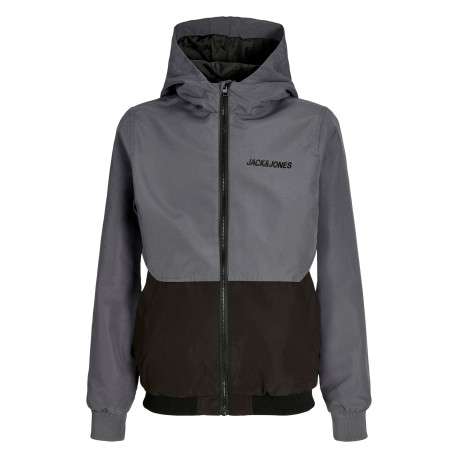 Blouson anthracite uni avec une coupe ajustée et un col à capuche