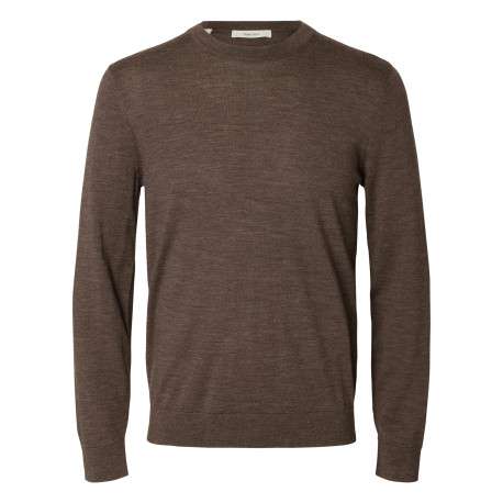 Pull en laine mérinos brun à coupe droite pourvu d'un col rond