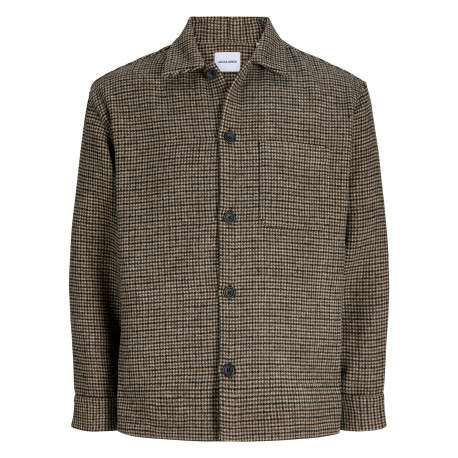Chemise marron à motif pied-de-poule avec une coupe droite et un col à revers