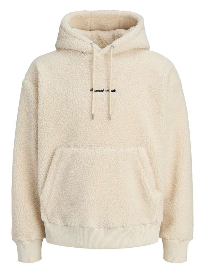 Sweat écru uni avec une coupe droite et pourvu d'un col à capuche