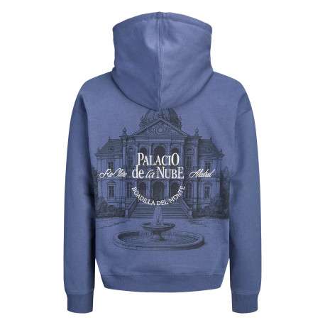 Sweat en coton mélangé bleu à imprimé avec une coupe droite et une capuche - Image 2