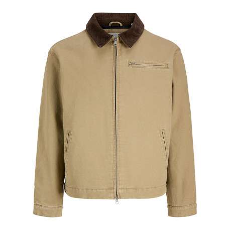 Blouson en coton beige uni avec une coupe droite et un col à revers