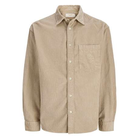 Chemise en coton beige unie avec une coupe droite et un col à revers