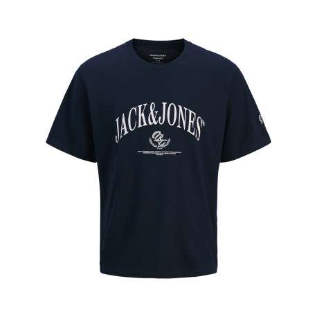 T-shirt en coton marine à imprimé avec une coupe droite et un col rond