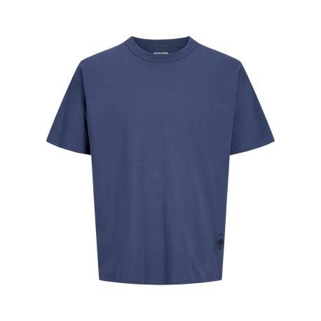 T-shirt en coton bleu à imprimé avec une coupe droite et un col rond