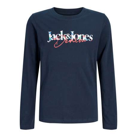T-shirt en coton marine à imprimé avec une coupe droite et un col rond