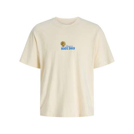 T-shirt en coton biologique écru à imprimé avec une coupe droite et un col rond