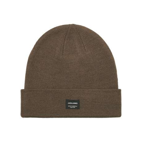 Bonnet marron uni en maille tricotée pourvu d'un large revers