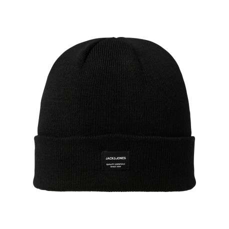 Bonnet noir uni en maille tricotée pourvu d'un large revers