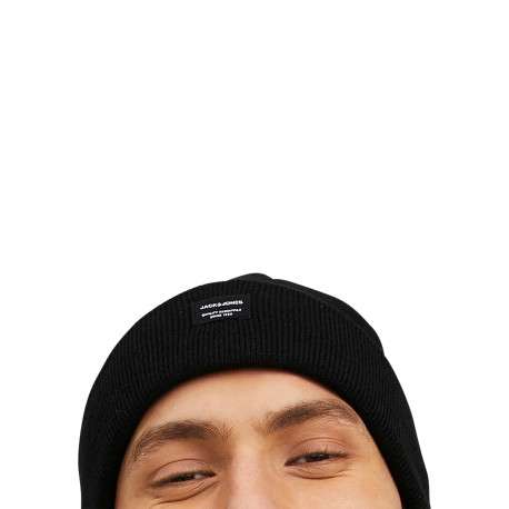Bonnet noir uni en maille tricotée pourvu d'un large revers - Image 4
