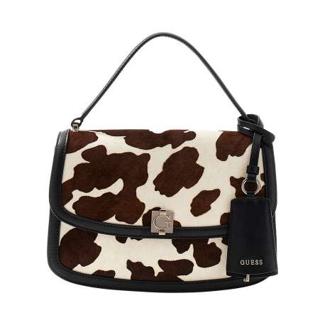 Sac porté mains en cuir noir à motif animalier avec rabat à pression