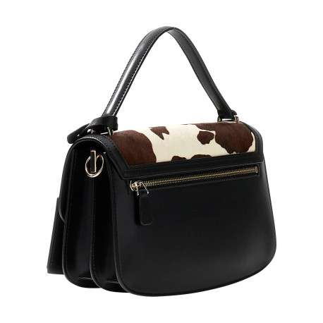 Sac porté mains en cuir noir à motif animalier avec rabat à pression - Image 2
