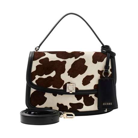 Sac porté mains en cuir noir à motif animalier avec rabat à pression - Image 5