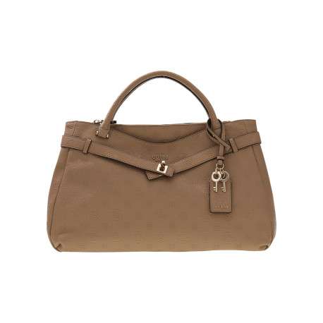 Sac porté mains beige à imprimé monogramme muni d'un zip et de boutons pressions