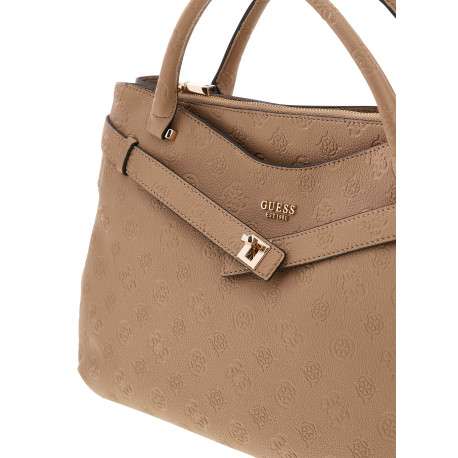 Sac porté mains beige à imprimé monogramme muni d'un zip et de boutons pressions - Image 4
