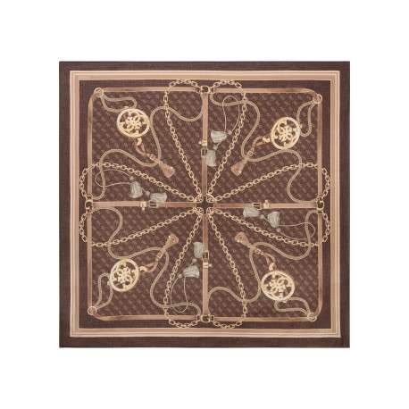 Foulard chocolat en forme carrée avec des imprimés chaînes et monogrammes