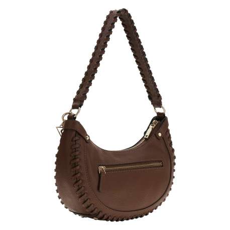 Sac à main porté épaule marron uni avec une anse à bord tressé - Image 2