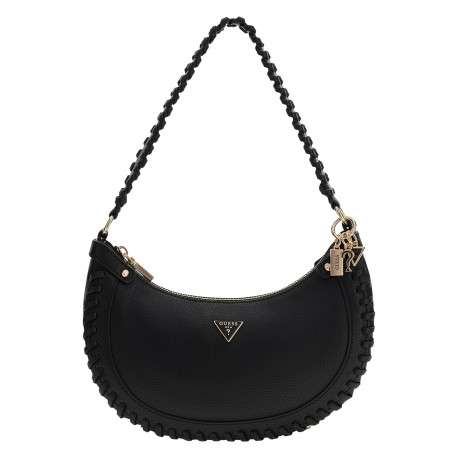Sac à main porté épaule noir uni avec une anse à bord tressé