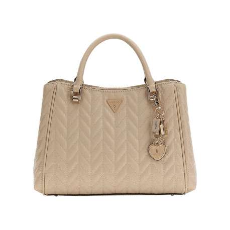 Sac porté mains beige à imprimé monograme muni d'un zip et de boutons pressions