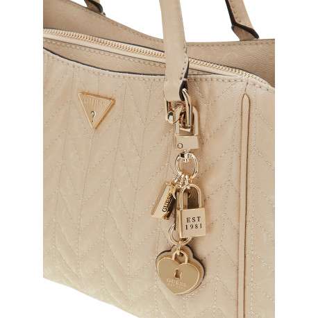 Sac porté mains beige à imprimé monograme muni d'un zip et de boutons pressions - Image 4