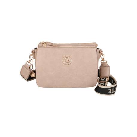 Sac taupe uni à bandoulière réglable muni d'une fermeture à zip