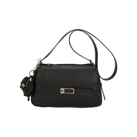 Sac à bandoulière noir uni muni d'une fermeture à rabat et à zip