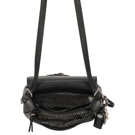 Sac à bandoulière noir uni muni d'une fermeture à rabat et à zip - Image 3