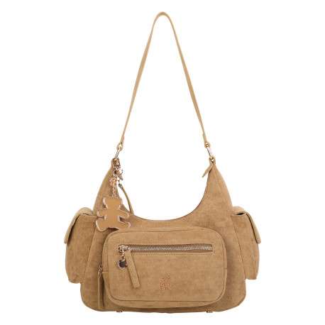 Sac à main porté épaule sable uni muni d'une fermeture à zip