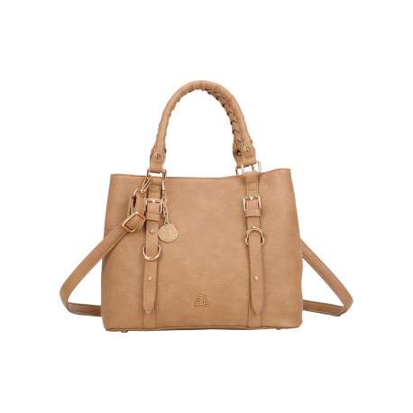 Sac à main beige uni avec une bandoulière ajustable et deux compartiments